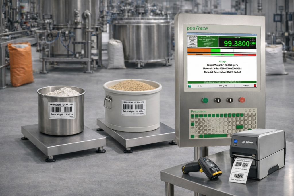 Recipe management system for dispensary weighing with scale, barcode scanner and label printing
